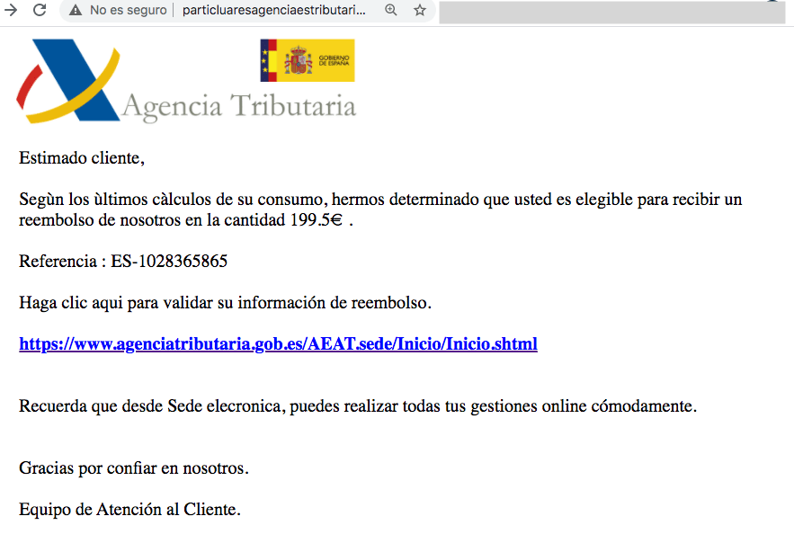Agencia Tributaria reembolso 199,5E phishing.
