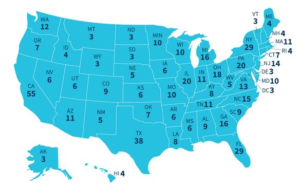 Mapa que indica el número de electores que reparte cada estado de los Estados Unidos