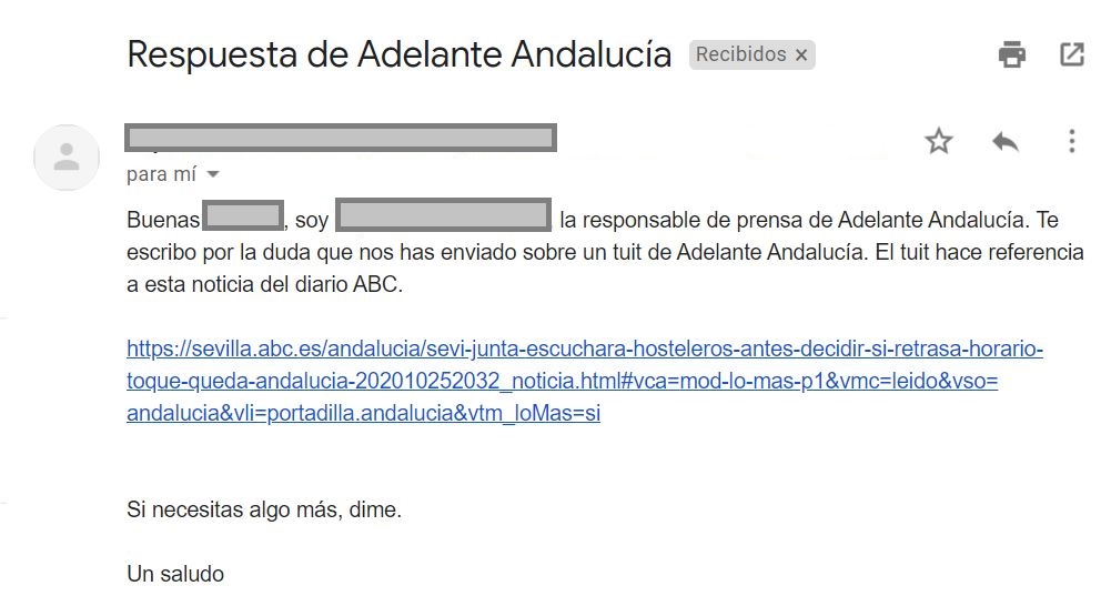 Captura del correo electrónico de Adelante Andalucía.