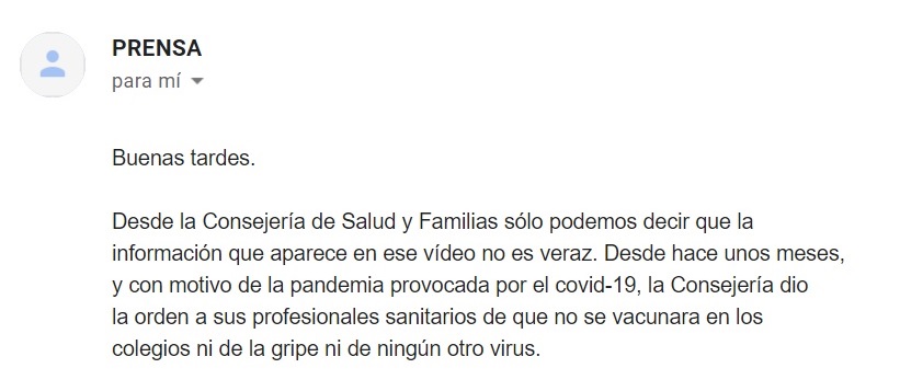 Captura del e-mail recibido de la Consejería de Salud y Familias de la Junta de Andalucía.