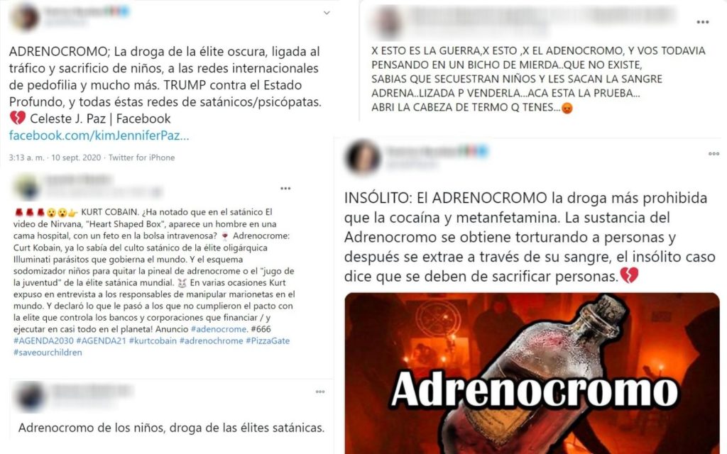 Ejemplos de post que publican teorías conspiratorias sobre el adrenocromo.