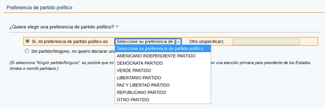 Captura del cuestionario para registrarse como votante en la web electoral del estado de California, en el que se pregunta por la preferencia de partido