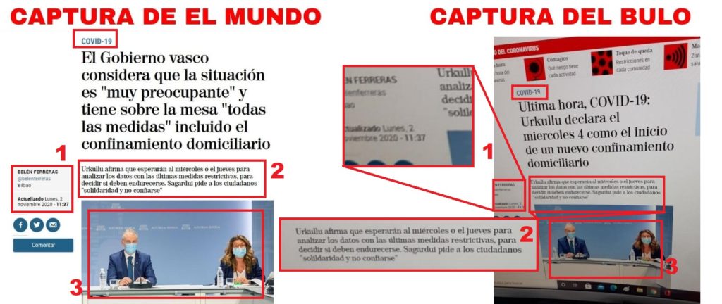 Imagen que compara la publicación de El Mundo con la captura que circula.