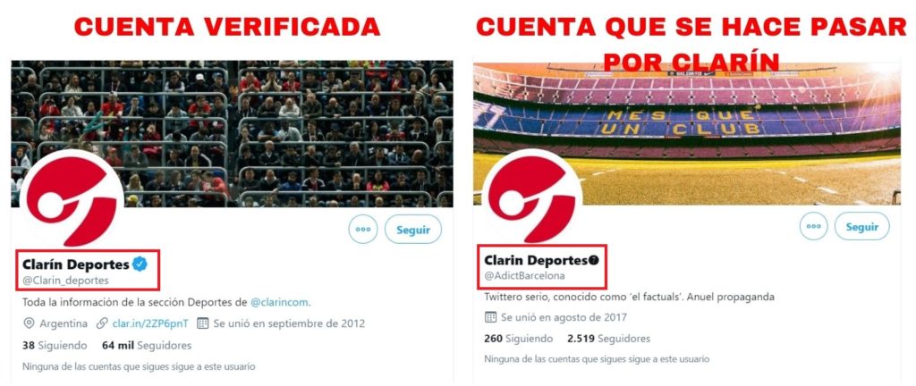 Comparación de la cuenta de Twitter verificada de Clarín Deportes y la que se hace pasar por ella.