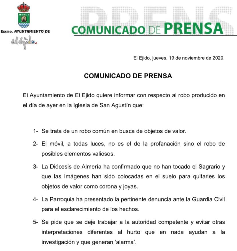 Comunicado del Ayuntamiento de El Ejido en el que explican que los hechos se corresponden a un robo.