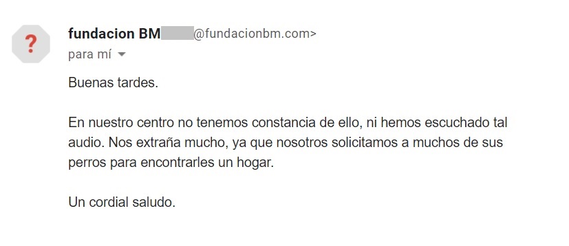 Captura del e-mail de la Fundación Benjamin Mehnert de Sevilla.