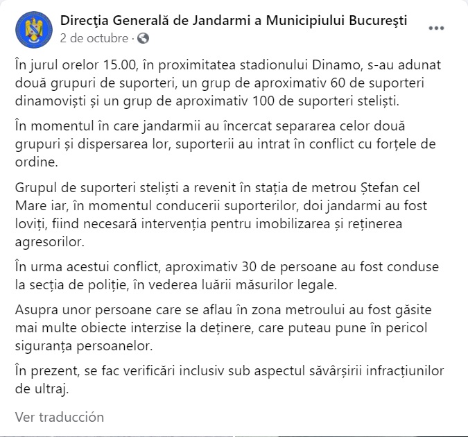 Captura del comunicado de la Gendarmería en Facebook. 