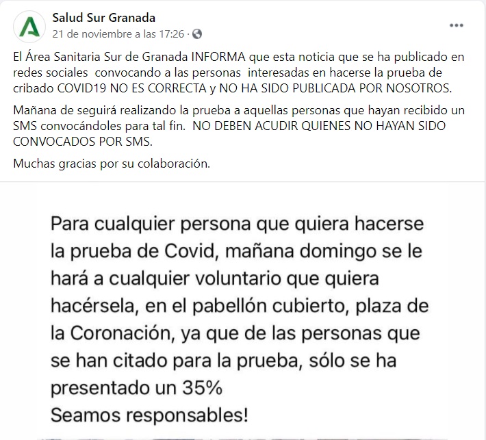 Captura de la publicación de Facebook del Área Sanitaria Sur de Granada en la que dicen que el contenido no es correcto.