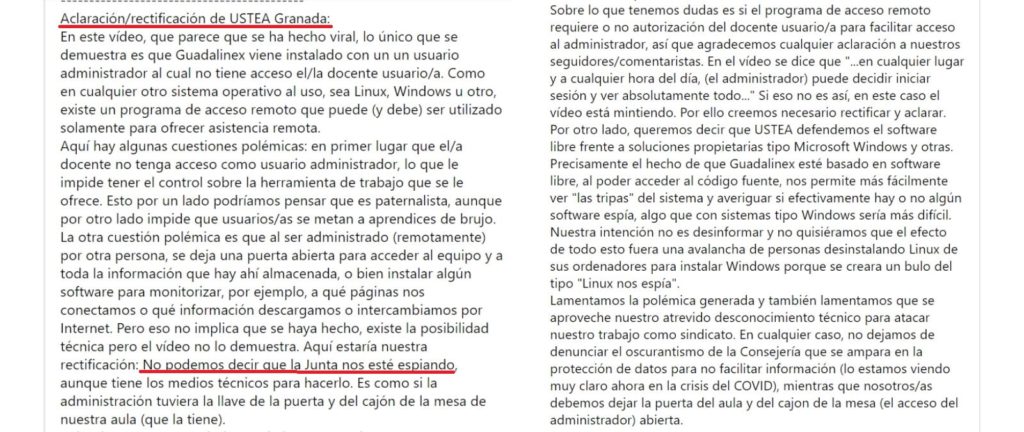 Captura de la aclaración en la publicación de Facebook de USTEA Granada.