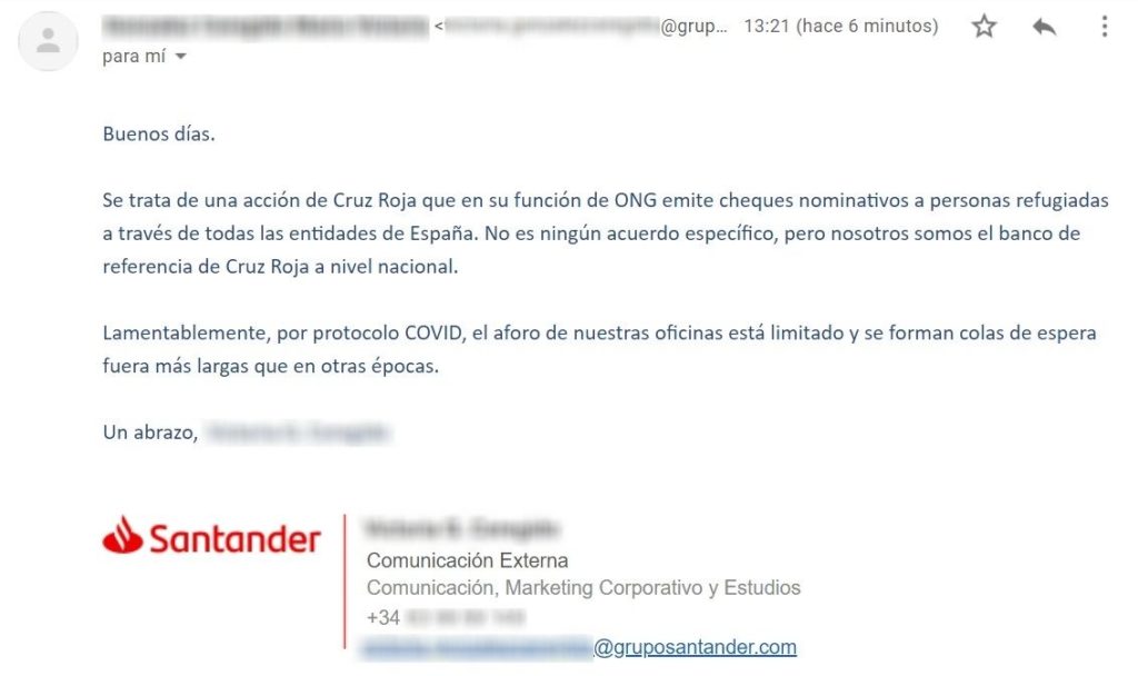 Captura de la respuesta del Banco Santander a través de correo electrónico.