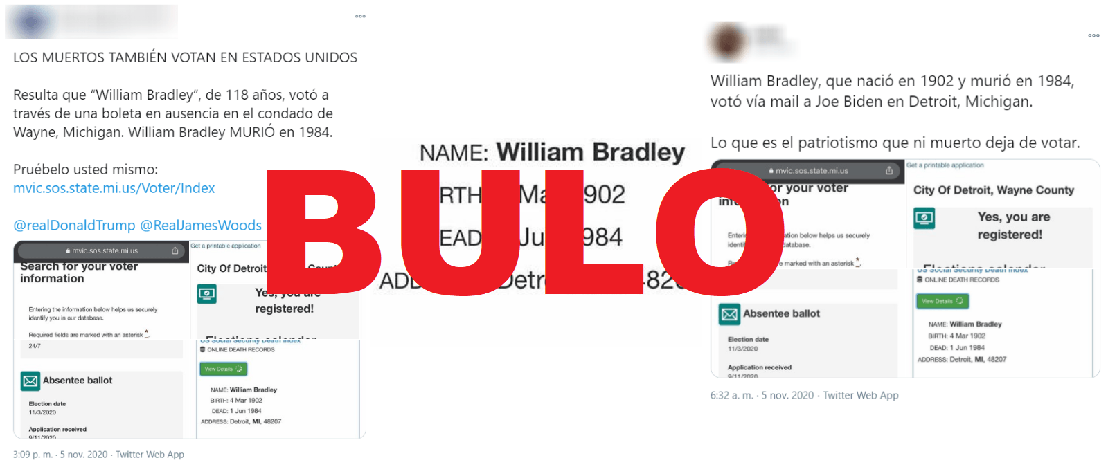 No, no es cierto que se haya emitido un voto a favor de Joe Biden en Detroit (Michigan) a nombre de un ciudadano llamado William Bradley...