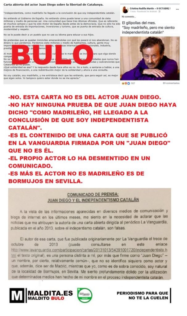 Desmentido de una carta sobre independentismo catalán que se le atribuye al actor Juan Diego.