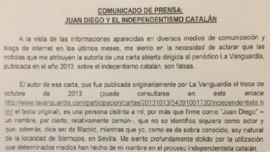 Comunicado de prensa del actor Juan Diego sobre la carta del independentismo catalán.