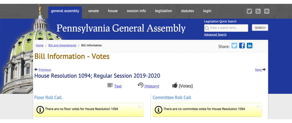 Imagen de la web de la Cámara de Representantes de Pensilvania donde se ve cómo no se ha votado la proposición presentada por los republicanos para declarar en disputa los resultados de las elecciones