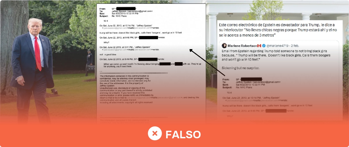 No, este correo de Epstein diciéndole a un interlocutor que no lleve chicas negras porque “Trump estará allí” no es real: no aparece entre los correos publicados por el Departamento de Justicia de EEUU