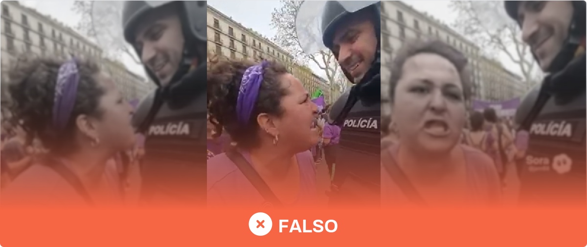No, este vídeo de una supuesta militante de Podemos encarándose con la policía en una manifestación feminista no es real, fue generado con IA