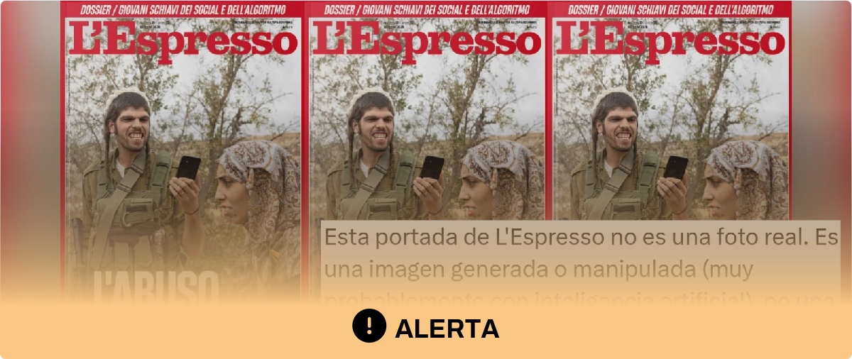 Cuidado con los contenidos que afirman que la imagen de portada de L’Espresso con un colono israelí fotografiando a una palestina está creada con IA: hay otras imágenes del hombre