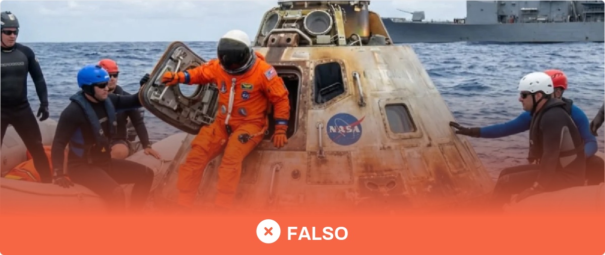 No, esta imagen no muestra la cápsula Orion, de la misión Artemis II, tras el amerizaje con la “pegatina” de la NASA en su superficie intacta:  la nave es distinta y no se ha publicado en canales oficiales