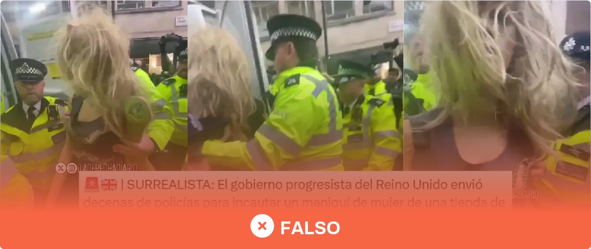 No, la Policía británica no ha incautado un maniquí después de que personas musulmanas se quejasen de que mostraba “demasiada piel”: fue incautado durante una protesta en apoyo al grupo Palestine Action
