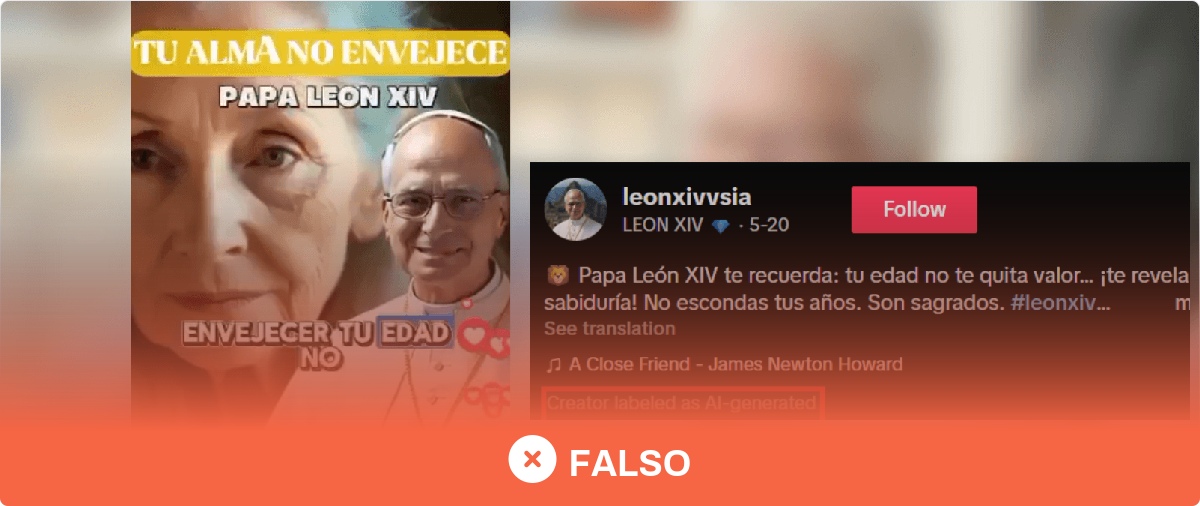 No, este vídeo de un discurso del papa León XIV donde dice que "envejecer es un regalo y no una vergüenza" no es real: ha sido creado con IA