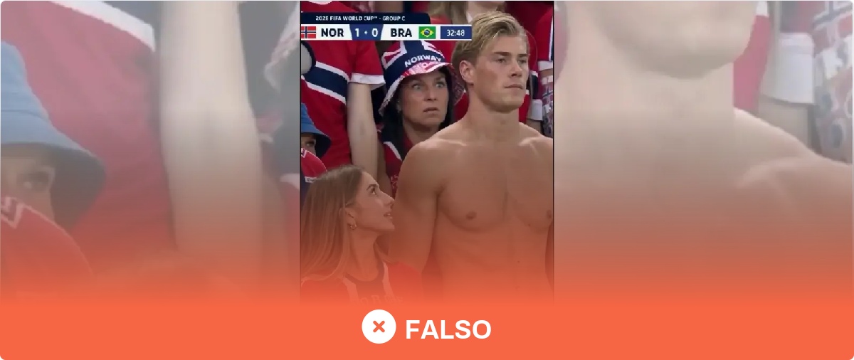 Este vídeo de una mujer mirando a un aficionado noruego sin camiseta durante un partido del Mundial no es real: está generado con IA·Maldita.es - Periodismo para que no te la cuelen