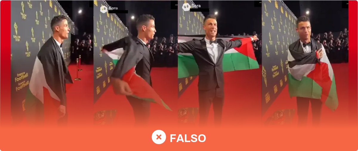 Este vídeo de Cristiano Ronaldo posando con una bandera de Palestina no es real: está generado con IA·Maldita.es - Periodismo para que no te la cuelen