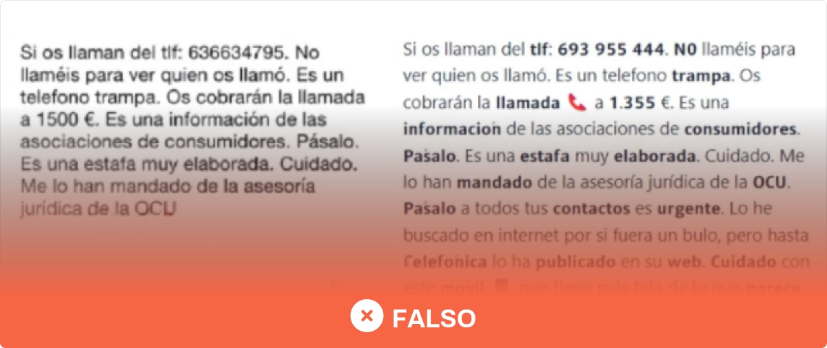 No, por devolver la llamada al teléfono 693955444 o al 636634795 no te cobrarán 1.500€ ni 1.355€