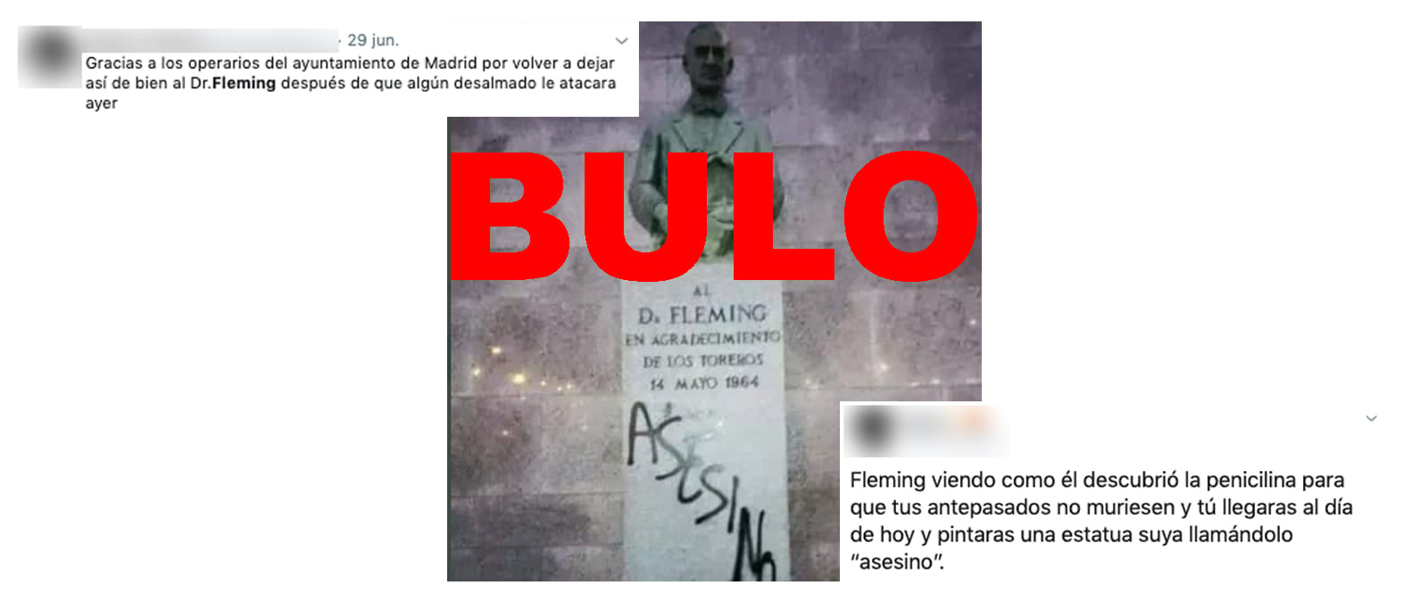 Image accompanying Pintada actual de asesino en la estatua de Alexander Fleming en la plaza de toros de las Ventas de Madrid