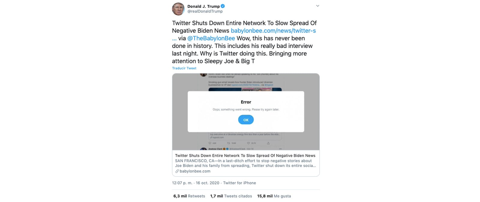 Image accompanying Twitter Shuts Down Entire Network To Slow Spread Of Negative Biden News