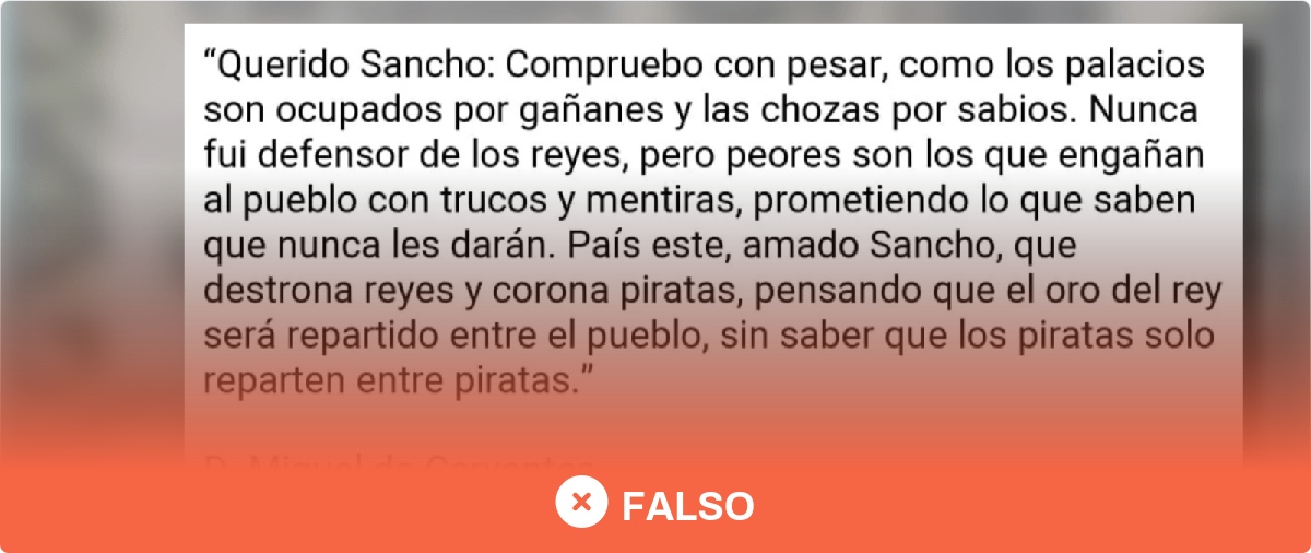 Image accompanying Sabio Don Miguel de Cervantes. “Querido Sancho: Compruebo con pesar, como los palacios son ocupados por gañanes y las chozas por sabios. Nunca fui defensor de l