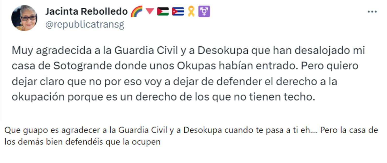 Cuidado con este tuit de Jacinta Rebolledo que dice estar "muy agradecida a la Guardia Civil y a Desokupa", pero que "la okupación es un derecho": es una cuenta trol
