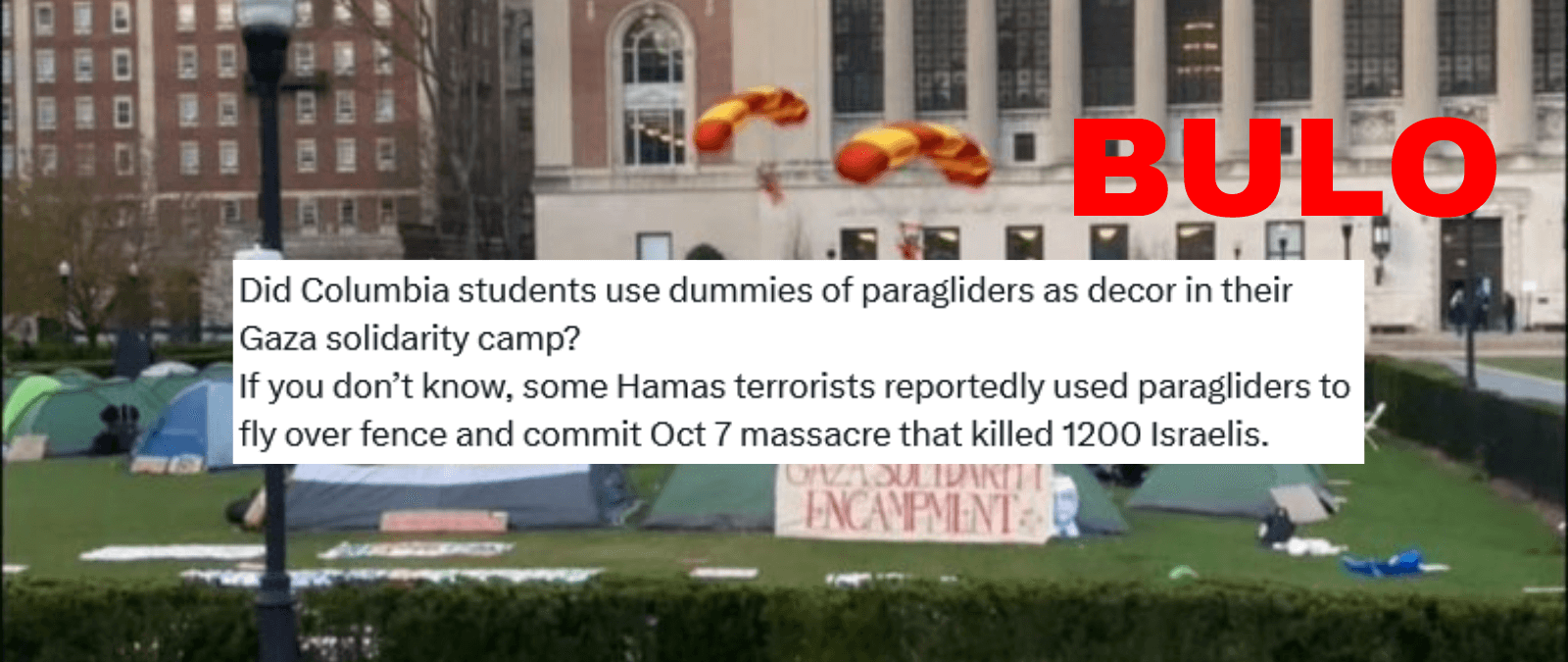 No, esta imagen de una acampada en solidaridad con Gaza en Columbia no hay decoraciones de paracaidistas: es un montaje con emojis