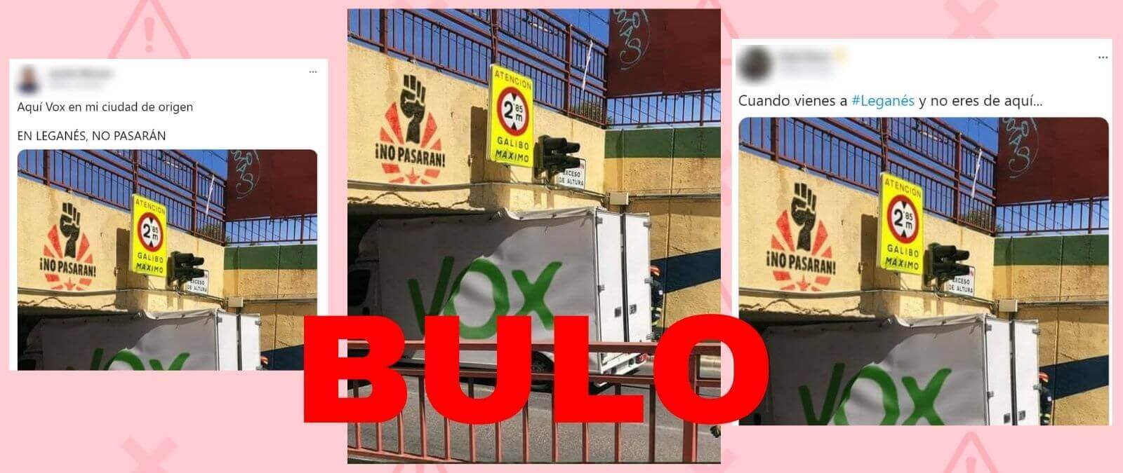 No, esta foto de un camión de Vox atascado en un puente en Leganés (Madrid) no es real: es un montaje de otra foto de 2020