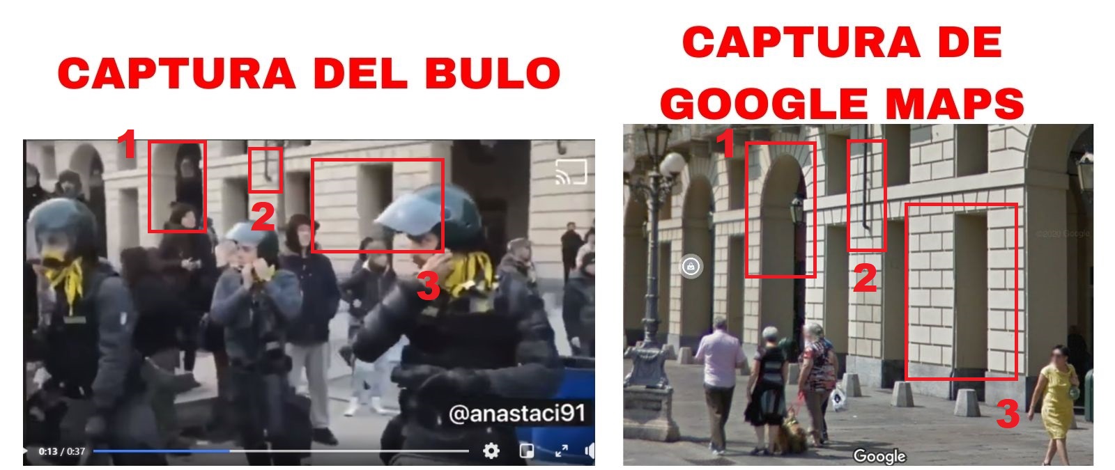 Comparativa entre el bulo que se difunde y la plaza de Turín en la que fue grabado el vídeo.