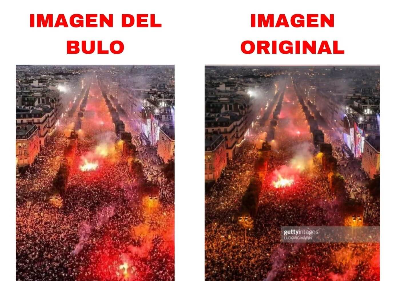 Comparación entre la imagen del bulo y la imagen original publicada por Getty Images.