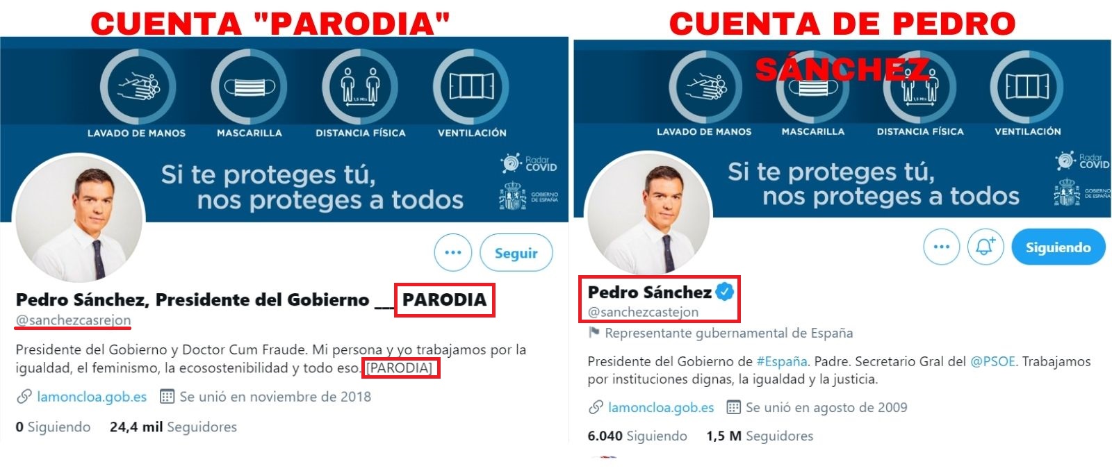 Captura de las cuentas de Twitter parodia y la de Pedro Sánchez.