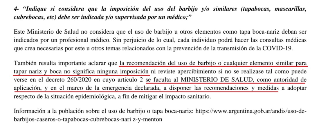 Captura del documento del Ministerio de Salud de Argentina.
