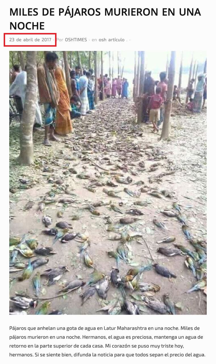 Captura de una publicación de 2017 en la que se atribuye la muerte de pájaros a la sequía.