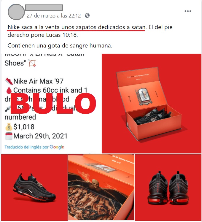 Post que comparte el bulo de que las zapatillas Satan Shoes las ha lanzado Nike.