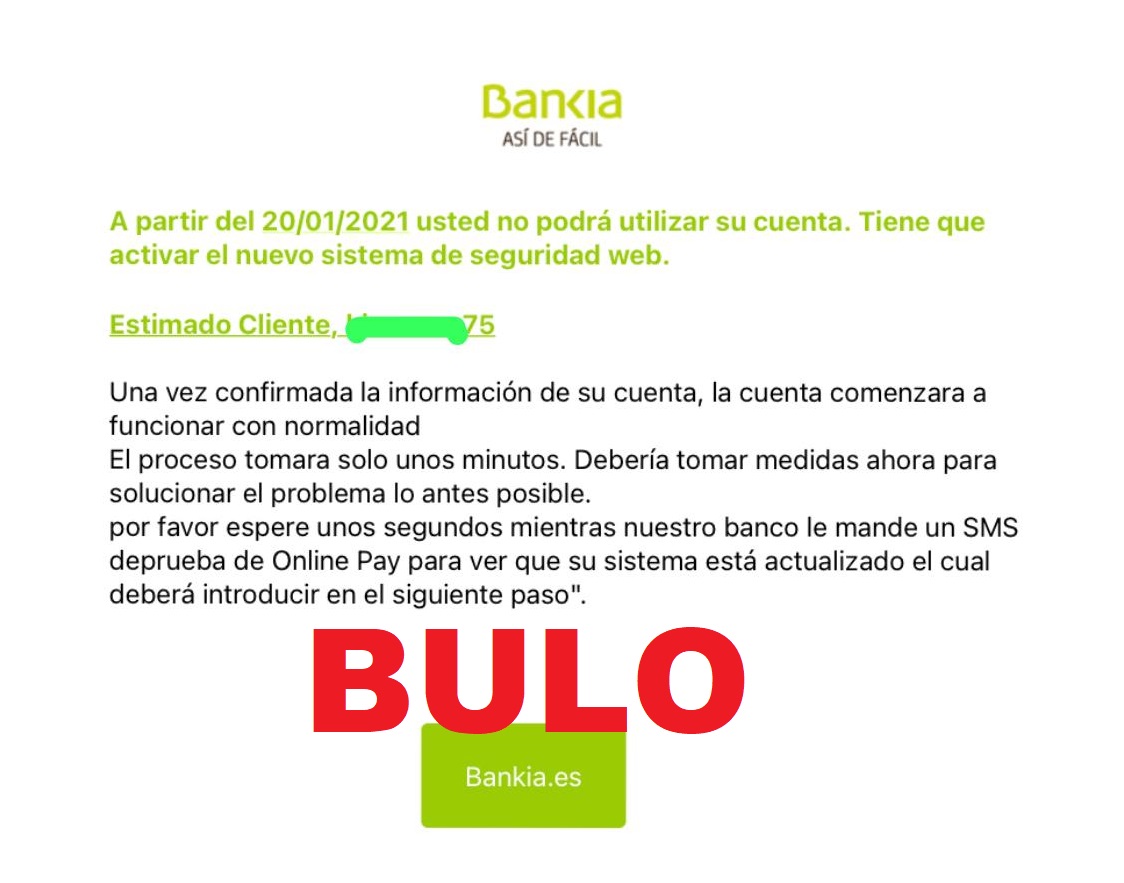 Captura del mensaje en el que suplantan a Bankia.