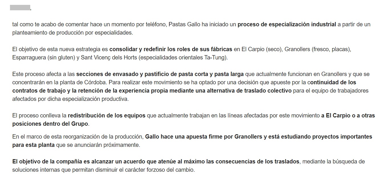 Captura de un fragmento del e-mail de Pastas Gallo.