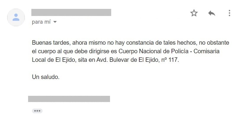 Captura de la respuesta por e-mail de la Policía Local de El Ejido.